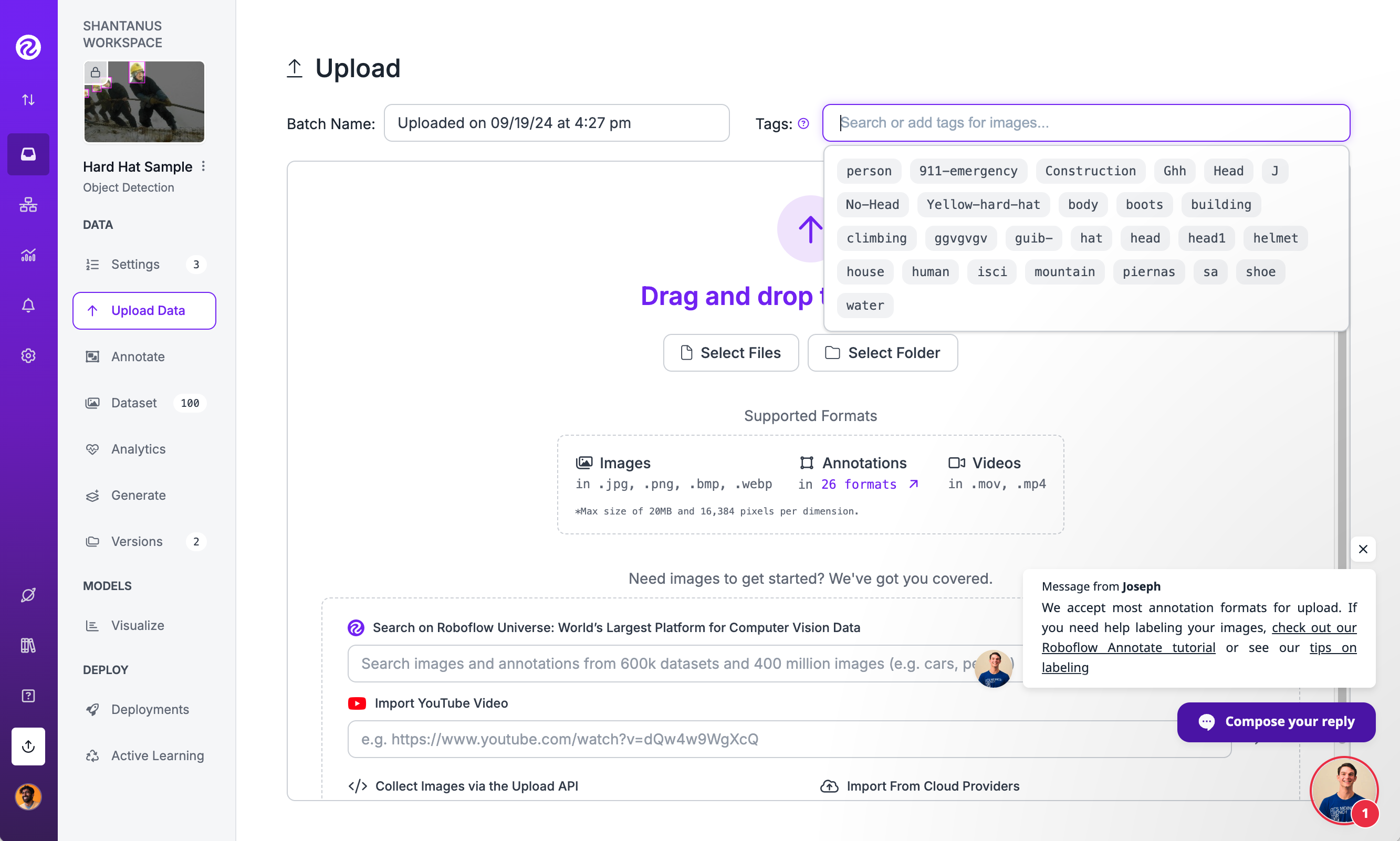 Opening the Tag menu prior to image Upload