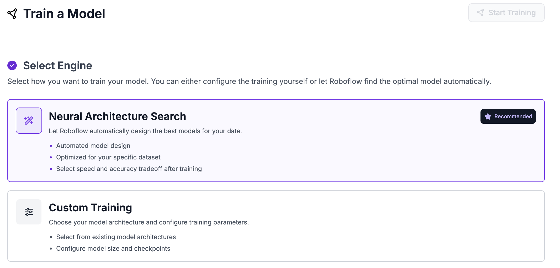 Train tab engine selector with Neural Architecture Search highlighted.